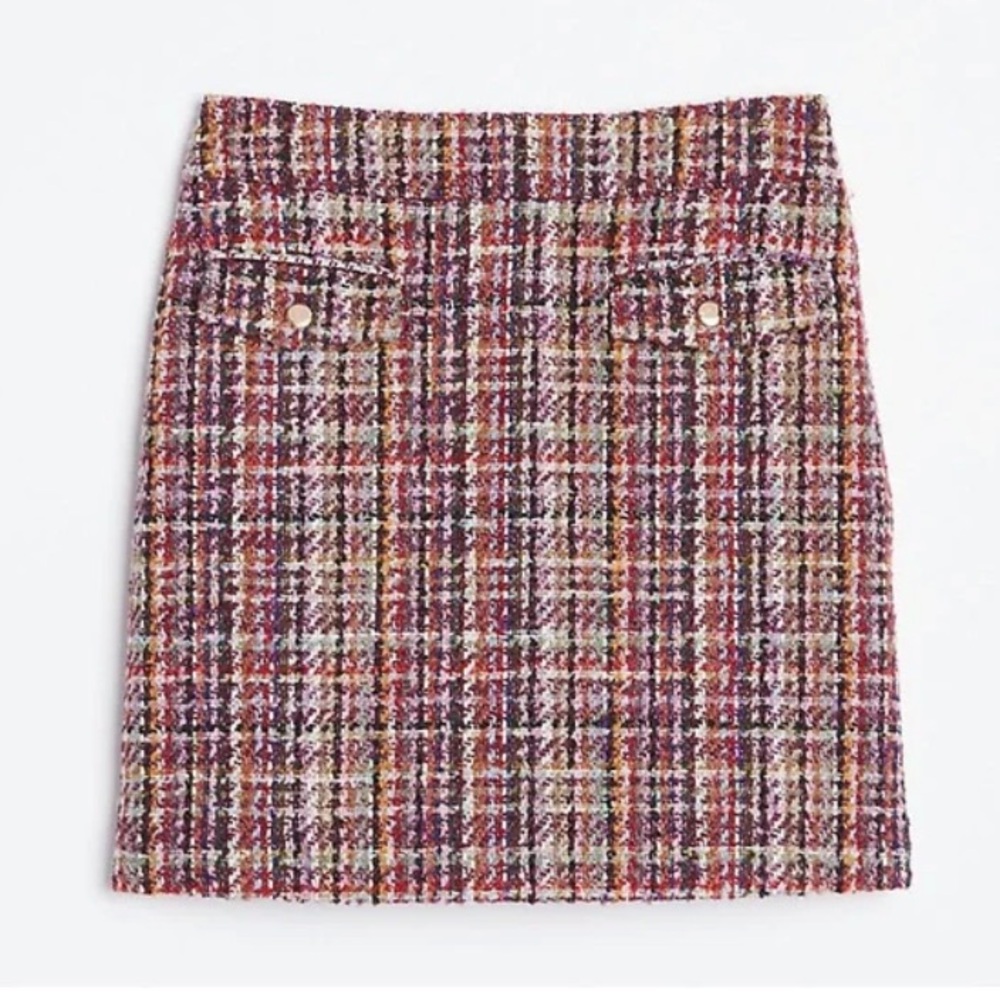 LOFT Multi Tweed Mini Skirt Pockets gold buttons Preppy Academia Office 6